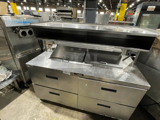 Delfield Commercial Refrigerated Prep Table! With 4 Drawer Storage Space! With Over Head 2 Compartment Storage Shelf! All Stainless Steel!