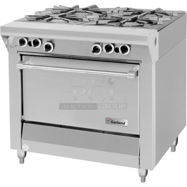 BRAND NEW SCRATCH & DENT! Garland / U.S. Range MST44S-E NAT Master Sentry Series Natural Gas 4 Burner 34" Range with Storage Base - 140,000 BTU. FEATURES: Electric ignition & flame fail on all burners *Thumbnail photo is shown with oven base please see additional photos. 	 - Image 1 of 6