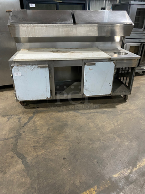 Commercial Pizza Prep Counter! With Storage Space Over Head And Underneath! All Stainless Steel! On Casters! NO REFRIGERATION! JUST A COUNTER!
