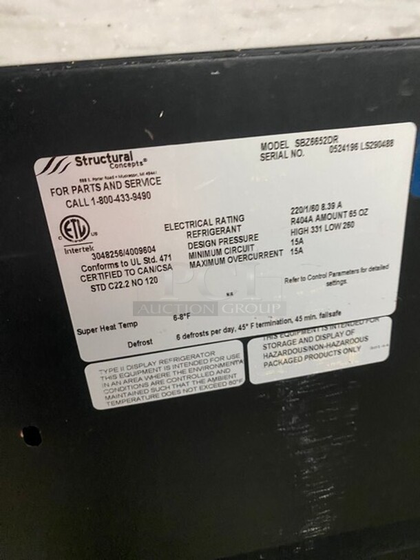 NICE! Structural Concepts Starbucks Style Refrigerated Open Grab-N-Go Display Case! With Top Glass Enclosed Merchandiser Showcase! On Legs! 220V 1 Phase! Model: SBZ6652DR SN: 0524196LS290488! - Image 6 of 9