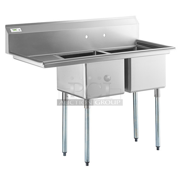 BRAND NEW SCRATCH AND DENT! Regency 600S2171718L Stainless Steel Commercial 2 Bay Sink w/ Left Side Drain Board. Bays 17x17. Drain Board 16.5x18.5. No Legs.  - Image 1 of 7
