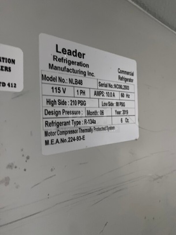 LATE MODEL! 2019 Leader Commercial Refrigerated 2 Door Lowboy! All Stainless Steel! On Casters! Model: NLB48 SN: NC06L2503 115V 60HZ 1 Phase - Image 7 of 8