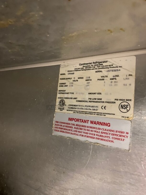 Continental Commercial Refrigerated 4 Drawer Lowboy/Worktop Cooler! With Single Door Refrigerated Storage Space! All Stainless Steel! On Casters! 115V 1 Phase! Model: CRA6B SN: 15733254! - Image 8 of 9
