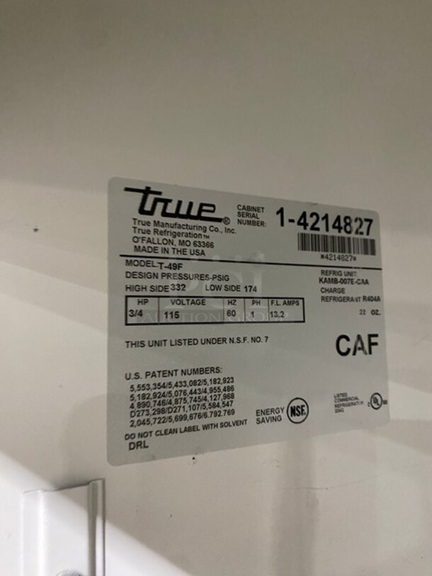 True Commercial 2 Door Reach In Freezer! All Stainless Steel! On Casters! Model: T49F SN: 14214827 115V 60HZ 1 Phase - Image 7 of 8