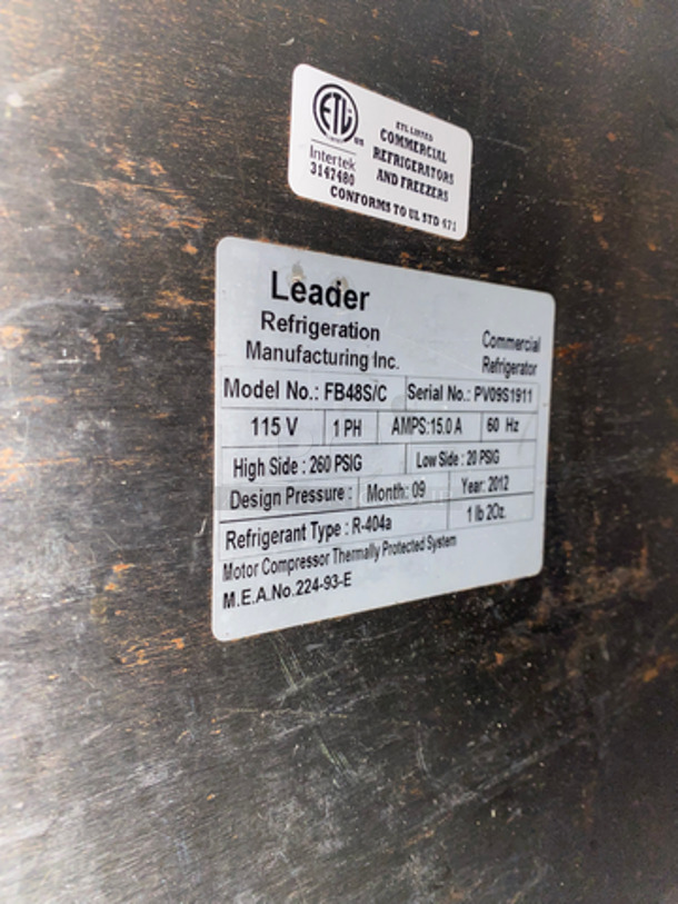 Leader Commercial 2 Door Lowboy/Worktop Cooler! All Stainless Steel! On Casters! Model: FB48SC SN: PV09S1911 115V 60HZ 1 Phase - Image 7 of 9