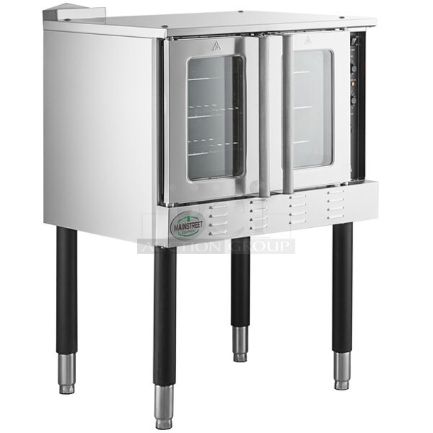 BRAND NEW SCRATCH AND DENT! 2023 Mainstreet FGC100 Stainless Steel Commercial Natural Gas Powered Full Size Convection Oven w/ View Through Doors, Metal Oven Racks and Thermostatic Controls. No Legs. Comes w/ Gas Hose Kit! 54,000 BTU - Image 1 of 11