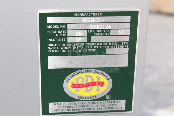 BRAND NEW SCRATCH & DENT! Regency 600GT25 50 lb. 25 GPM Grease Trap with 3" Non-Threaded Connections. Out of original packaging. 18-5/8x27-1/8x17-1/4 - Image 5 of 5
