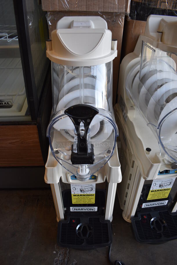 BRAND NEW IN BOX! Narvon AURORA 1 WHITE Metal Commercial Countertop 1.6 Gallon Single Hopper Slushie Machine. 120 Volts, 1 Phase. 8.5x19x26.5. Tested and Working!