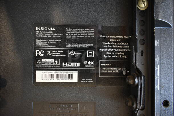 Insignia NS-43D420NA20 43" LED Television. 120 Volts, 1 Phase. Buyer Must Pick Up - We Will Not Ship This Item. Tested and Working! - Image 7 of 7