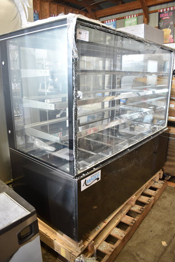 BRAND NEW SCRATCH AND DENT! Avantco 224BC60SB 60" Black Square Refrigerated Bakery Display Case with LED Lighting. See Pictures For Glass Damage. 115 Volts, 1 Phase. Tested and Powers On But Does Not Get Cold  - Image 2 of 10