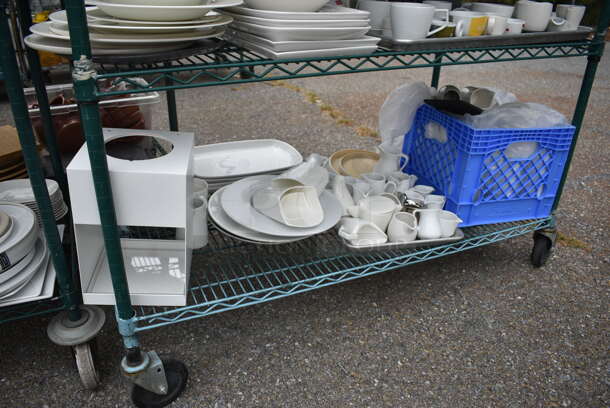 ALL ONE MONEY! Lot of 6 Tiers of Various Smallwares Including White Ceramic Plates, Mugs and Metal Bowls. Does Not Include Shelving Unit.  - Image 6 of 6