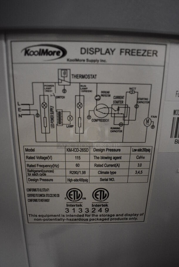 KoolMore KM-ICD-26SD Metal Commercial Chest Freezer Merchandiser on Commercial Casters. 115 Volts, 1 Phase. 26x28x34. Tested and Powers On But Temps at 46 Degrees - Image 8 of 8