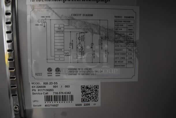 BRAND NEW SCRATCH AND DENT! KoolMore RIR-2D-SS Stainless Steel Commercial 2 Door Reach In Cooler w/ Poly Coated Racks on Commercial Casters. 115 Volts, 1 Phase. 54x32.5x83. Tested and Working! - Image 3 of 8