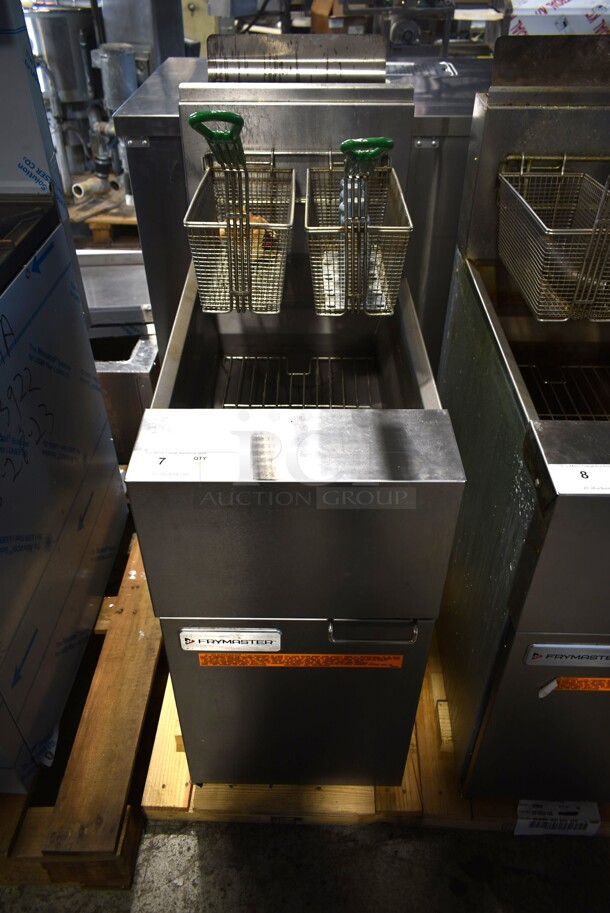 LIKE NEW! 2022 Frymaster GF40SD Stainless Steel Commercial Floor Style Natural Gas Powered Deep Fat Fryer w/ 2 Metal Fry Baskets.  - Image 1 of 9