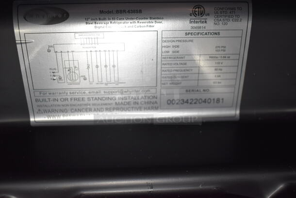 BRAND NEW SCRATCH AND DENT! Whynter BBR-638SB Stainless Steel Mini Cooler Merchandiser. 115 Volts, 1 Phase. Tested and Working! - Image 8 of 8
