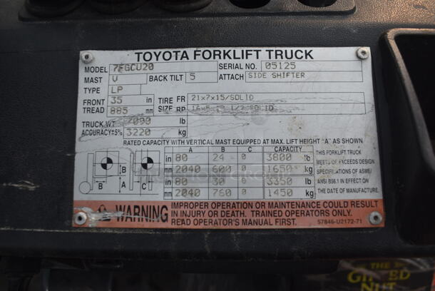 Toyota 7FGCU20 Truckers Boom Forklift Truck With 11,040.6 Hours And 3,800LB Capacity. Unit has Fork Positioner and Side Shift. Unit has a Simplex Mast - Fork Height Max 6'. Tested and Does Not Power On - Image 12 of 12