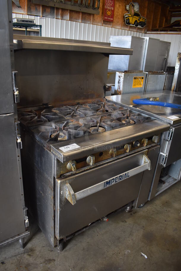 Imperial Stainless Steel Commercial Natural Gas Powered 6 Burner Range w/ Oven, Over Shelf and Back Splash. Comes w/ Gas Hose!  - Image 2 of 6
