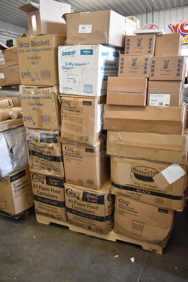 PALLET LOT of 40 BRAND NEW Boxes Including 2 Box 795PTOKFT1 Choice 4 5/8" x 3 1/2" x 2 1/2" Kraft Microwavable Folded Paper #1 Take-Out Container - 450/Case, 795PTOKFT3 Choice Kraft Microwavable Folded Paper #3 Take-Out Container 7 3/4" x 5 1/2" x 2 1/2" - 200/Case, 2 Box 500TW12 Choice 12 oz. Translucent Thin Wall Plastic Cold Cup - 1000/Case, 966UPWIDEB-500 OneUp Choice White Dispenser Napkin, 274MOPBCKTGY Lavex 35 Qt. Gray Mop Bucket & Side Press Wringer Combo, 129MCR32B Choice 32 oz. Black Round Microwavable Heavy Weight Container with Lid 7 1/4" - 150/Case, 1500100 Kari-Out Company 1/2 lb. Square Glassine Bag - 1000/Case, 3 Box 1/2 LB Glassine Bags, 433NHTBIO EcoChoice 1/6 Standard Size Biodegradable Standard-Duty Plastic T-Shirt Bag - 500/Case, 394403L Noble Large Gloves. 40 Times Your Bid! - Image 1 of 6