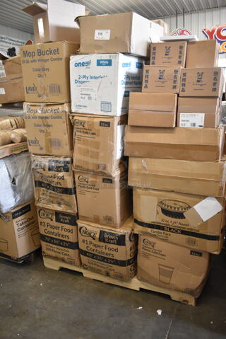 PALLET LOT of 40 BRAND NEW Boxes Including 2 Box 795PTOKFT1 Choice 4 5/8" x 3 1/2" x 2 1/2" Kraft Microwavable Folded Paper #1 Take-Out Container - 450/Case, 795PTOKFT3 Choice Kraft Microwavable Folded Paper #3 Take-Out Container 7 3/4" x 5 1/2" x 2 1/2" - 200/Case, 2 Box 500TW12 Choice 12 oz. Translucent Thin Wall Plastic Cold Cup - 1000/Case, 966UPWIDEB-500 OneUp Choice White Dispenser Napkin, 274MOPBCKTGY Lavex 35 Qt. Gray Mop Bucket & Side Press Wringer Combo, 129MCR32B Choice 32 oz. Black Round Microwavable Heavy Weight Container with Lid 7 1/4" - 150/Case, 1500100 Kari-Out Company 1/2 lb. Square Glassine Bag - 1000/Case, 3 Box 1/2 LB Glassine Bags, 433NHTBIO EcoChoice 1/6 Standard Size Biodegradable Standard-Duty Plastic T-Shirt Bag - 500/Case, 394403L Noble Large Gloves. 40 Times Your Bid!