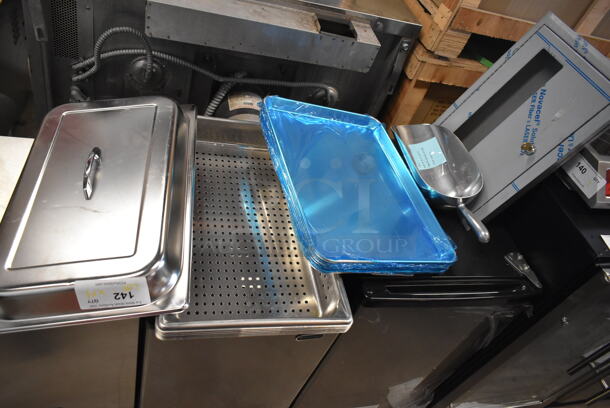 14 BRAND NEW SCRATCH AND DENT! Items Including 407ALSC85 Choice 85 oz. One-Piece Aluminum Scoop, Fire Extinguisher Case, 6 Metal Half Size Baking Pans and Stainless Steel Full Size Drop In Bins. 14 Times Your Bid! - Image 1 of 12