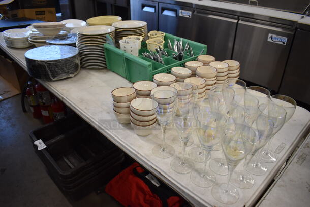 ALL ONE MONEY! Lot of Items on Tabletop Including Ceramic Plates, Ceramic Bowls, Silverware and Glasses - Image 7 of 7