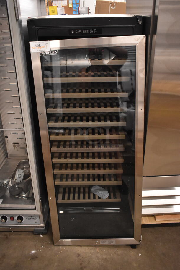 BRAND NEW SCRATCH AND DENT! AvaValley 342WRC128SZ Single Temperature Full Glass Door Commercial Wine Cooler. Top Hinge Is Bent So Door Is Not On. 120 Volts, 1 Phase. Tested and Powers On But Does Not Get Cold