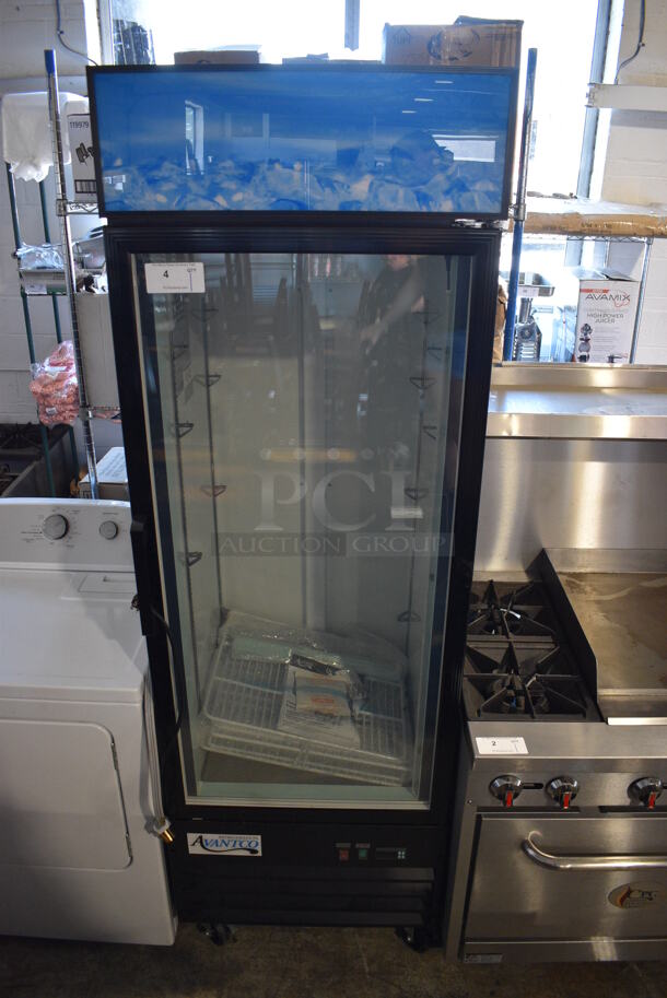 BRAND NEW! Avantco Model 178GDC12FHCB Metal Commercial Single Door Reach In Cooler Merchandiser w/ Poly Coated Racks on Commercial Casters. 115 Volts, 1 Phase. 27x28x85. Tested and Working!