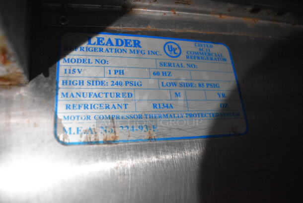 Leader Stainless Steel Commercial Sandwich Salad Prep Table Bain Marie Mega Top w/ 2 Tier Over Shelf and Various Drop In Bins. 115 Volts, 1 Phase. 36x35x70. Tested and Powers On But Does Not Get Cold - Image 9 of 9
