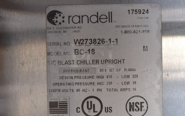 2012 Randell BC-18 Stainless Steel Commercial Floor Style Blast Chiller. 115/230 Volts, 1 Phase. - Image 7 of 8