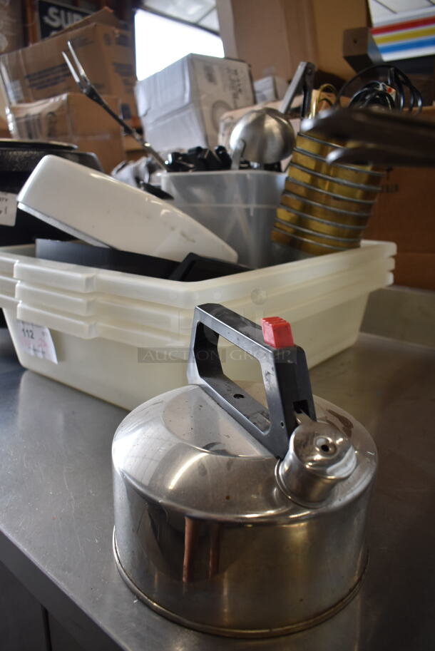 ALL ONE MONEY! Lot of Various Items Including Poly Bins, Utensils and Metal Tea Pot  - Image 2 of 9