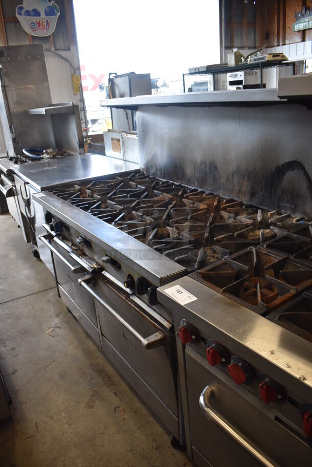 Garland SunFire Stainless Steel Commercial Natural Gas Powered 10 Burner Range w/ 2 Ovens, Over Shelf and Back Splash on Commercial Casters.  - Image 3 of 8