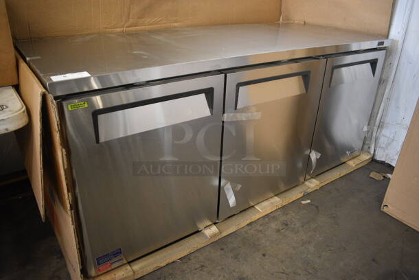 BRAND NEW IN BOX! Turbo Air Model MUR-72-N Stainless Steel Commercial 3 Door Undercounter Cooler. Comes w/ Commercial Casters. 115 Volts, 1 Phase. 73x30x30.5. Tested and Working!