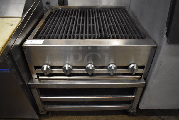 Stainless Steel Commercial Countertop Natural Gas Powered Charbroiler Grill on Stainless Steel Equipment Stand w/ 2 Under Shelves on Commercial Casters. 30x30x29