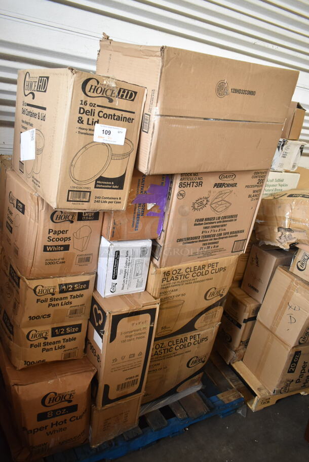 PALLET LOT of 20 BRAND NEW Boxes Including 966UPWIDEKFT OneUp by Choice Kraft 2-Ply Wide Interfold 6 1/2" x 8 1/2" Dispenser Napkin - 6000/Case, 128HD16COMBO ChoiceHD 16 oz. Microwavable Translucent Plastic Deli Container and Lid Combo Pack - 240/Case, 760FFLRGSQWH Choice 7.5 oz. Large White Paper Scoop / Tray - 1000/Case, 2 Box 612FHL1230 Choice Foil Steam Table Pan Lid - Half Size - 100/Case, 346WKFSNSPM2 Choice White Medium Weight Wrapped Plastic Cutlery Pack with Napkin and Salt / Pepper Packets - 250/Case, 85HT3R Containers, 2 Box 500CC16 Choice Plastic Cold Cup, 128HD32COMBO ChoiceHD 32oz. Container and Lid. 20 Times Your Bid! - Image 1 of 9