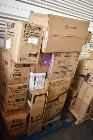 PALLET LOT of 20 BRAND NEW Boxes Including 966UPWIDEKFT OneUp by Choice Kraft 2-Ply Wide Interfold 6 1/2" x 8 1/2" Dispenser Napkin - 6000/Case, 128HD16COMBO ChoiceHD 16 oz. Microwavable Translucent Plastic Deli Container and Lid Combo Pack - 240/Case, 760FFLRGSQWH Choice 7.5 oz. Large White Paper Scoop / Tray - 1000/Case, 2 Box 612FHL1230 Choice Foil Steam Table Pan Lid - Half Size - 100/Case, 346WKFSNSPM2 Choice White Medium Weight Wrapped Plastic Cutlery Pack with Napkin and Salt / Pepper Packets - 250/Case, 85HT3R Containers, 2 Box 500CC16 Choice Plastic Cold Cup, 128HD32COMBO ChoiceHD 32oz. Container and Lid. 20 Times Your Bid!