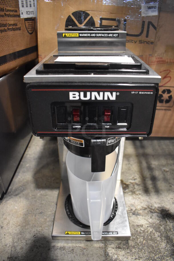 BRAND NEW IN BOX! 2022 Bunn VP17-2 Stainless Steel Commercial Countertop Low Profile Pourover 2 Burner Coffee Brewer w/ Poly Brew Basket and Poly Pitcher. 120 Volts, 1 Phase. 8x18x20. Tested and Working!