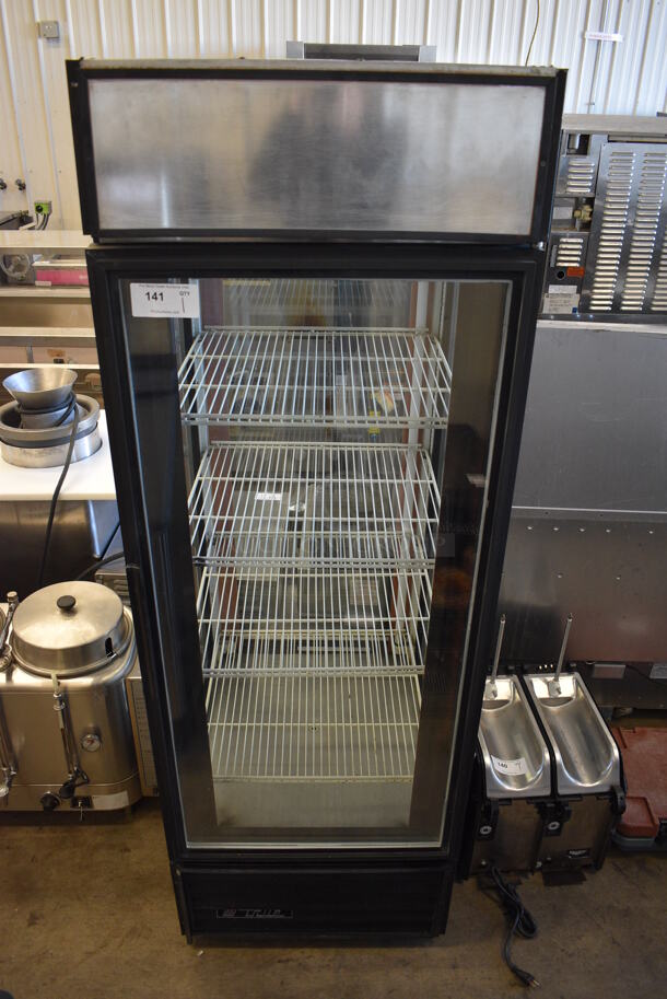 True G4SM-23PT Metal Commercial Single Door Pass Through Reach In Cooler Merchandiser w/ Poly Coated Racks. 115 Volts, 1 Phase. 27x33x79. Tested and Powers On But Does Not Get Cold
