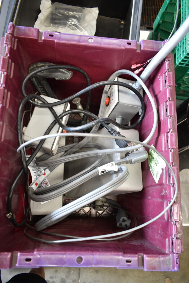 ALL ONE MONEY! Lot of Approximately 10 Items Including Luxus Hot Beverage Holder Dispenser, Commercial Casters, Metal Fry Baskets, Speedwell, Box of Brandy Snifter Glasses. Does Not Include Table.  - Image 6 of 10