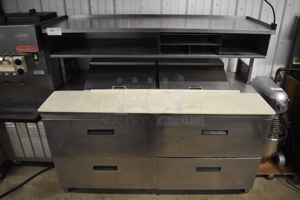 Delfield Stainless Steel Commercial Sandwich Salad Prep Table Bain Marie Mega Top w/ 4 Drawers and Over Shelf on Commercial Casters. 115 Volts, 1 Phase. 64x32x57. Tested and Working!