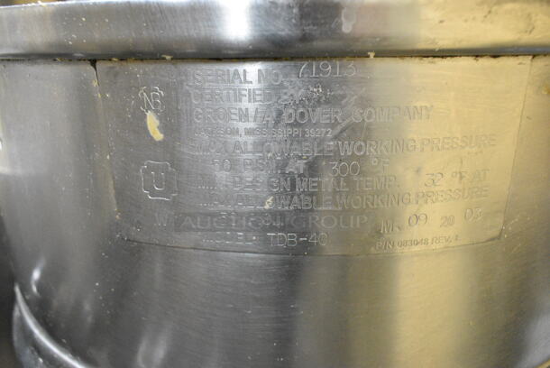 Groen TDB-40 Stainless Steel Commercial Electric Powered 40 Quart Tilting Steam Kettle on Equipment Stand w/ 2 Commercial Casters. 250 Volts. This Unit Was In Working Condition When the Restaurant Closed. (kitchen) - Image 4 of 6