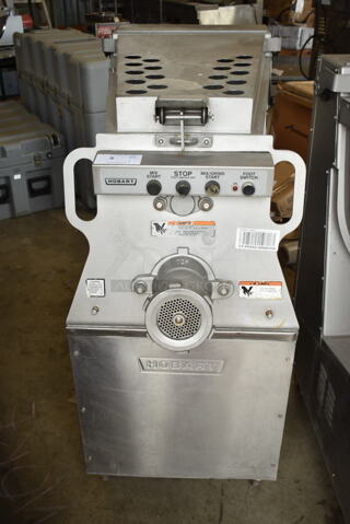 2016 Hobart MG2032 Metal Commercial Floor Style Electric Powered Meat Mixer Grinder w/ Foot Pedal on Commercial Casters. 208 Volts, 3 Phase. Tested and Working!