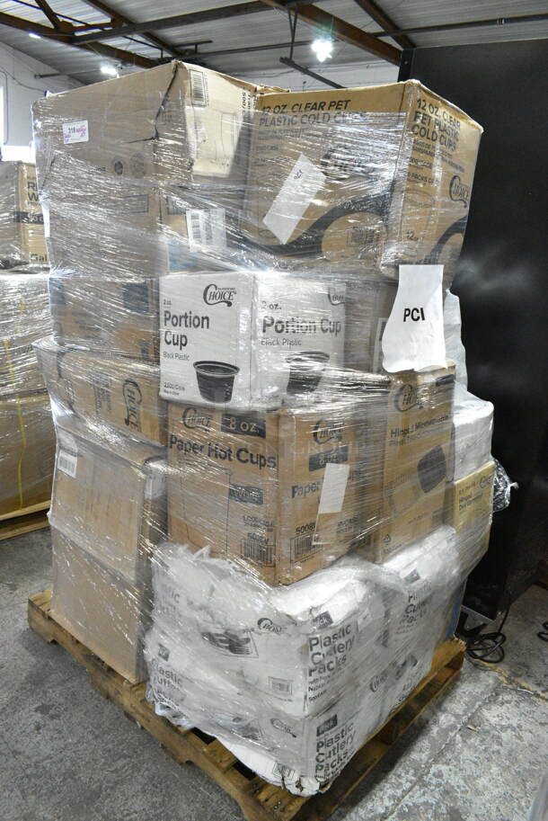 27 BRAND NEW Boxes Including 500CC12 Choice Clear PET Customizable Plastic Cold Cup - 12 oz. - 1000/Case, 5008W Choice 8 oz. Tall White Poly Paper Hot Cup - 1000/Case, 4 Box 130BKFKSNSPX500 Choice Black Extra Heavy Weight Wrapped Plastic Cutlery Pack with Napkin and Salt and Pepper Packets - 500/Case, 500TO993 Choice 9" x 9" x 3" Microwavable 1-Compartment Black / Clear Plastic Hinged Container - 100/Case, 127CH08F Choice 8 oz. Clear RPET Tall Hinged Deli Container - 200/Case, Solo 626NSL Prima PET Plastic Cold Cup Strawless Lid - 1000/Case. 27 Times Your Bid!  - Image 1 of 12