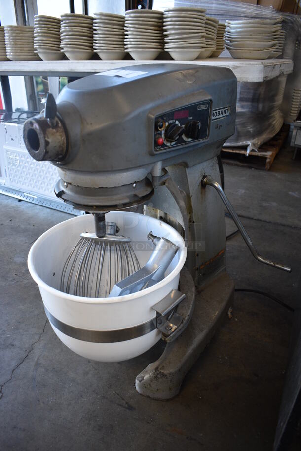 Hobart Legacy HL200 Metal Commercial Countertop 20 Quart Planetary Dough Mixer w/ Poly Mixing Bowl, Whisk and Paddle Attachments. 100-120 Volts, 1 Phase. 17x26x29. Tested and Working!
