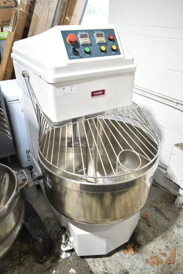BRAND NEW SCRATCH AND DENT! Estella 348SM130 Metal Commercial Floor Style 130 Qt. / 195 lb. Two-Speed Spiral Dough Mixer w/ Stainless Steel Mixing Bowl, Bowl Guard and Dough Hook Attachment. 220 Volts, 3 Phase - Image 2 of 9