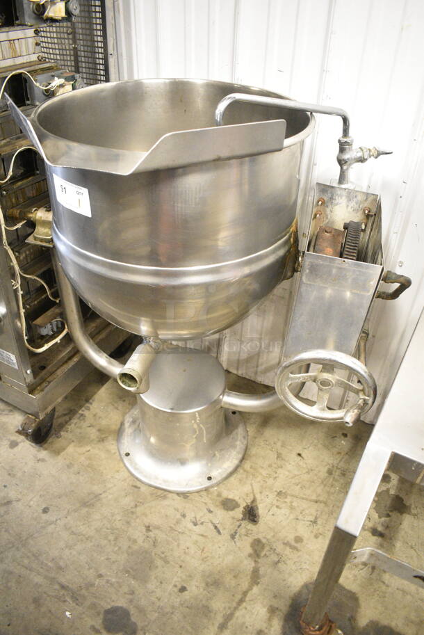 Stainless Steel Commercial Floor Style Direct Steam Powered Steam Kettle Manual Tilting Kettle.  - Image 1 of 7
