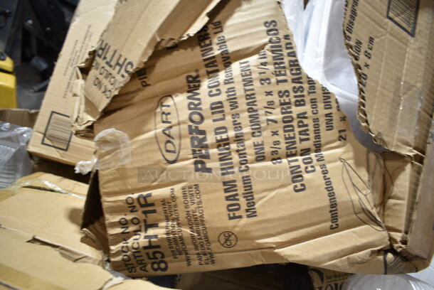 PALLET LOT of 18 BRAND NEW Boxes Including Dart 85HT1R 8" x 8" x 3" White Foam Square Take Out Container with Perforated Hinged Lid - 200/Case, 130WSPOON Choice Medium Weight White Plastic Teaspoon - 1000/Case, 5005DNAPWH Choice Touchstone White Linen-Feel 1/8 Fold Dinner Napkin - 300/Case, 8 oz Hot Cup Lids, 500MF883B1C Choice 8" x 8" 1-Compartment Microwaveable Black Mineral-Filled Plastic Hinged Take-Out Container - 150/Case, 612605070HD Choice Full Size Heavy-Duty Foil Steam Table Pan Deep 3 3/8" Depth - 50/Case. 18 Times Your Bid!  - Image 4 of 11