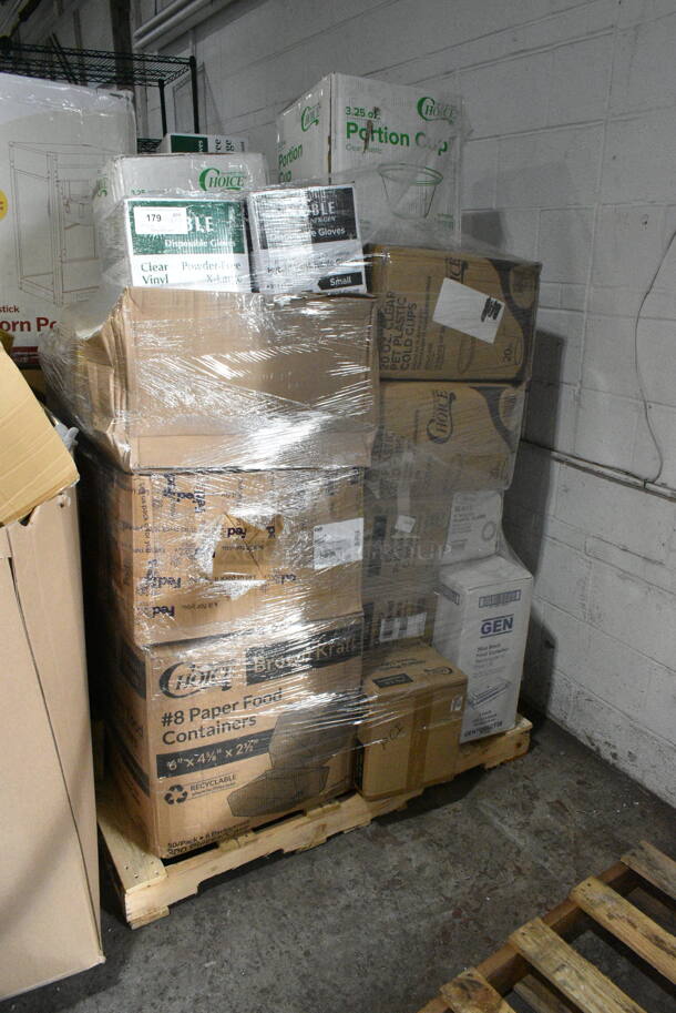 23 BRAND NEW Boxes Including 394345S Noble NexGen Powder-Free Disposable Black Hybrid 3 Mil Thick Gloves - Small - 1000/Case, 394365XL Noble Products Powder-Free Disposable Clear Vinyl Gloves for Foodservice - Extra Large - 1000/Case, 127P325C Choice 3.25 oz. Clear Plastic Souffle Cup / Portion Cup - 2500/Case, 500CC20 Choice 9" Round Standard Weight Foil Take-Out Pan with Dome Lid - 200/Case, 612LOB1LBCO Choice 1 lb. Oblong Foil Take-Out Container with Board Lid - 500/Case, 347RP9WHSS Visions Wave 9" White Plastic Plate - 180/Case, 612POB2LB Choice Oblong Clear Plastic Dome Lid for 2.25 lb. & 1.5 lb Shallow Foil Take-Out Container - 500/Case, 795PTOKFT8 Choice Kraft Microwavable Folded Paper #8 Take-Out Container 6" x 4 3/4" x 2 1/2" - 300/Case, 612FS1212 Choice Half Size Foil Steam Table Pan Shallow 1 1/2" Depth - 100/Case. 23 Times Your Bid!  - Image 1 of 12