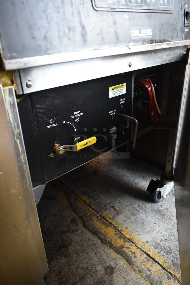 Giles EOF-24 Stainless Steel Commercial Electric Powered 3 Bay Fryer w/ Giles EOF-BIB Dumping Station. 480 Volts, 3 Phase.
 - Image 9 of 9