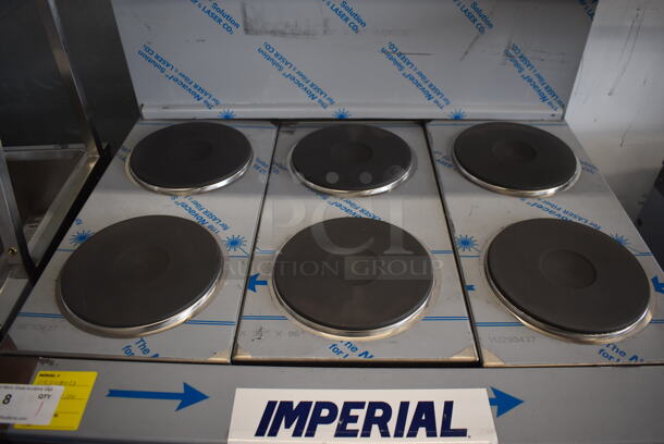 BRAND NEW SCRATCH AND DENT! Imperial Range Pro Series IR-6-E Stainless Steel Commercial Electric Powered 6 Round Plate Range w/ Oven, Over Shelf and Back Splash. 240 Volts, 3 Phase. - Image 4 of 10