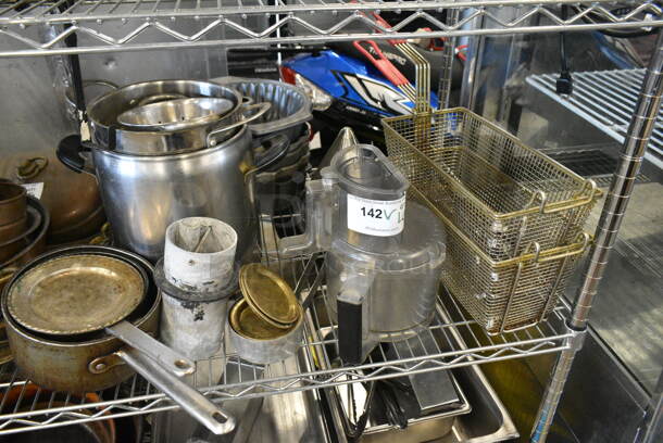 ALL ONE MONEY! Lot of Various Items Including Metal Fry Baskets, Food Processor Bowl, China Cap Strainer, Metal Bundt Cake Pans.  - Image 1 of 2